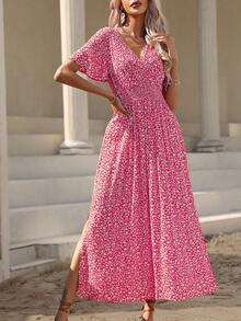 EMERY ROSE Ditsy Floral Print Butterfly Sleeve Split Thigh Dress Maxi Vacation Beach Outfits Women - Hot Pink - View 6