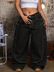 SHEIN ICON Quần jeans ống rộng dáng suông thời trang thường ngày cho nữ cỡ lớn, thêu chữ, đường chỉ tương phản, thích hợp cho việc đi làm hàng ngày. - màu đen - Xem 1