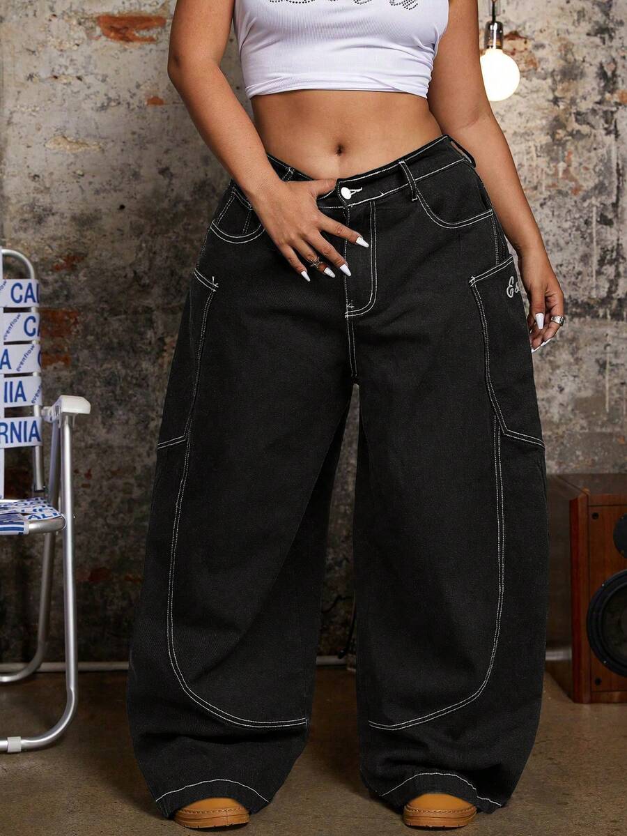 SHEIN ICON Quần jeans ống rộng dáng suông thời trang thường ngày cho nữ cỡ lớn, thêu chữ, đường chỉ tương phản, thích hợp cho việc đi làm hàng ngày. - màu đen - Xem 1