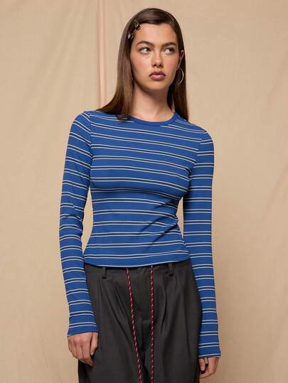 COUREZ 条纹长袖修身上衣 / Y2K 春季女装 可爱蓝色上衣 休闲外出上衣 派对上衣 夏季穿搭 夏季上衣