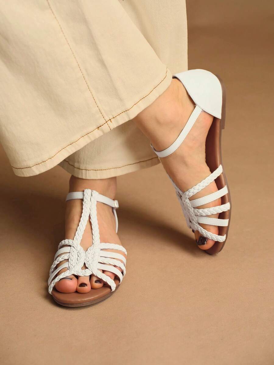 Rosivie Summer New White Woven Roman Sandals Women, White Hollow Flats, Retro Fashion Vacation Style Valentine's Day - White - View 1