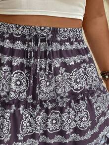 EMERY ROSE Plus Size Holiday Frill Trim Colorblock Drawstring Casual Skirt - Purple - View 3