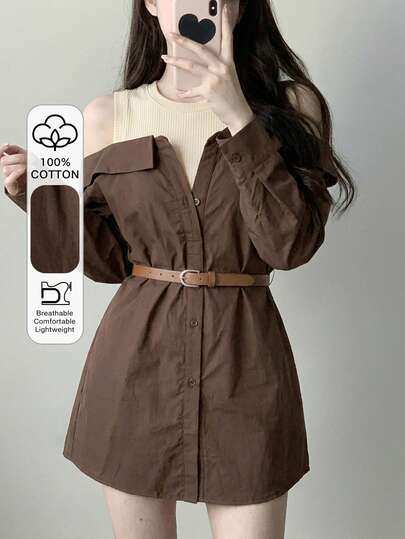 DAZY Women's Elegant Formal Patchwork Loose Off-Shoulder Long Sleeve Belted Long Blouse, Spring/Autumn