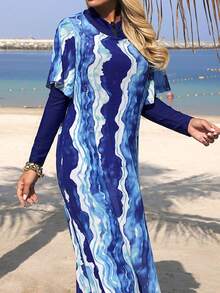 Swim Mulvari 三件套新款蓝色纯色长袖拉链连体泳衣配长裤，条纹网纱罩衫，优雅女士泳衣，女士比基尼泳装 - 藍色 - 查看 5