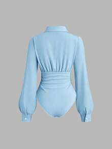 Sweetra Women's Retro Sexy Bodysuit, Fitted Slimming Elegant High-End Comfortable Versatile Fashionable White Bodysuit - Blue - View 2