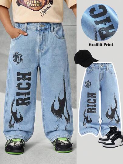 SHEIN Young Boy Spring Summer Distressed Stylish Letter & Flame Print Blue Denim Baggy Jeans,Suitable For Boys Playful Style,Comfortable For Boys Daily Wear And Outings Spring Summer Baggy Jeans,Carnival Boys Look 2026,Boys Party Clothes,Summer Vacation Outfits,Graphic Jeans Boys
