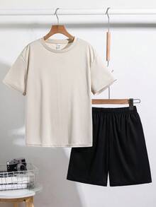 SHEIN 两件套男童T恤套装，休闲大字母印花短袖T恤和短裤套装，适合郊游、户外活动、假日派对、夏季海滩度假、春夏穿着 - 卡其色 - 查看 4