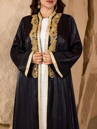 SHEIN Najma Plus Size Middle Eastern Style Embroidered Sequin Patchwork Long Sleeve Women Elegant Slimming Abaya