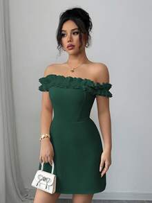 Elenzga Đầm nữ lãng mạn cổ bèo nhún, trễ vai, thắt eo - Màu xanh lá cây đậm - Xem 4