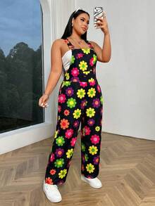 Flirla Plus Size Floral Print Casual Jumpsuit With Slant Pockets - Multicolor - View 6