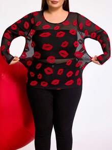 SHEIN CURVE+ 加大码/情人节/大码透视长袖上衣，万圣节，秋季/秋冬季 - 黑色 - 查看 10