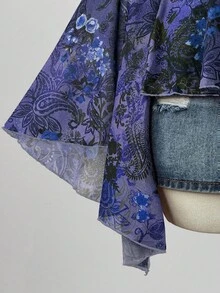 Sunspun 大码休闲复古印花V领蕾丝边喇叭袖上衣 - 彩色 - 查看 4