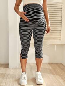 Maternity Casual Striped High Waist Leggings, Spring/Summer - Black and White - View 6