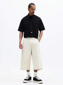 SUMWON Men's Cropped Button Front Shirt With Detachable Tie And Dual Chest Pockets Short Sleeve Collared Top - Black - View 3