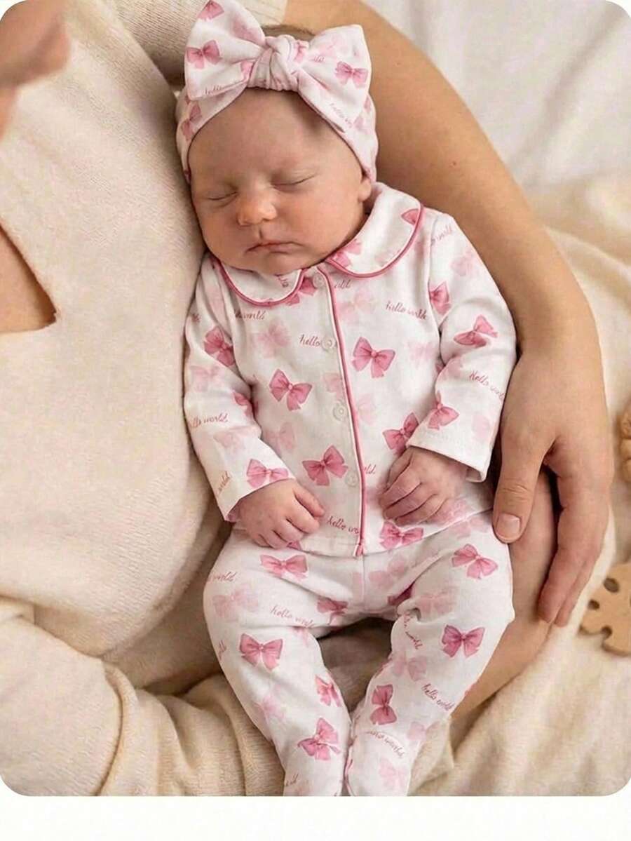 Babygirl Cute Knitted Bow Long Sleeve Pajama Set, Casual Sleepwear Newborn Baby Girl Clothes Sets Baby Girl Pajama Set Bow Print Baby Girl Outfit Baby Girl Clothes Spring Fall Baby Girl Winter Clothes - White - View 1