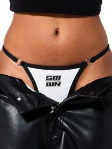 SUMWON WOMEN Graphic Thong With Silver Metal Ring Trim Detail Strappy Minimal Coverage Intimate Lingerie Underwear - Green - View 1