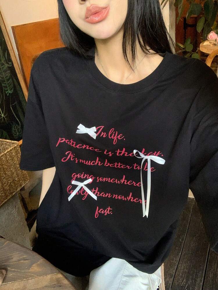 Women's Slogan Print Bow Decor Round Neck Short Sleeve Casual T-Shirt Graphic Tees Women