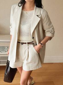 DAZY 女士单排扣翻领西装短裤套装 - 卡其色 - 查看 2