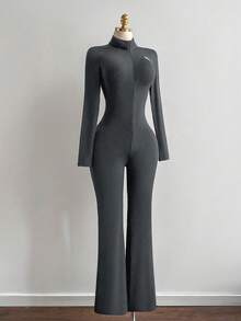 Elamini Women's Black Stand Collar Jumpsuit With Logo, Elastic Fitted Slimming Design, Front Zipper, Elegant & Sexy European Style - Grey - View 3