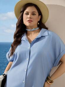 Zelara 大码女式俏皮黄色纽扣衬衫裙 - 藍色 - 查看 10