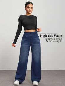 Flexra Petite Jeans de mezclilla casuales de unicolor para mujer - Azul lavado oscuro - Ver 4