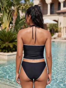 Swim Lushoire 女士褶皱饰边挂脖式坦克背心泳衣套装，夏季度假 - 黑色 - 查看 2