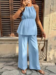 SHEIN 2pcs Maternity Vacation Outfit - Solid Color Ruffle Hem Halter Top And Adjustable Waist Pants, Casual Set Blue Two Piece Set Women Pants Two Piece Set Summer 2 Piece Sets Woman Comfortable Two Piece Set Baby Blue Two Piece - Blue - View 3