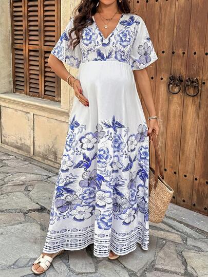 SHEIN Maternity V-Neck Short Sleeve Vintage Floral Casual Loose Summer Dress