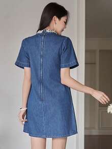 DAZY Women's Casual Rivet Studded Stand Collar Straight Short Denim Dress, Summer - Blue - View 2