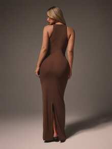 MISSGUIDED 褶皱露背吊带镂空修身长款连衣裙，系带设计，适合晚宴、正式场合 - 棕色 - 查看 2