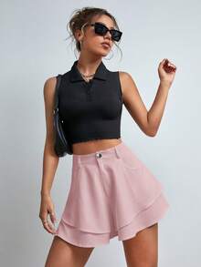 SHEIN Essnce 纯色斜插口袋叠层休闲百搭短裤 - 淺粉色 - 查看 6