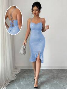 Elenzga 女士优雅亮片美人鱼连衣裙，适合假日派对 - 淺藍色 - 查看 6