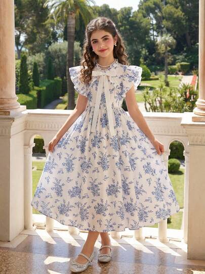 Vestido largo de 2 en 1 con mangas de volantes y decoración de lazo con estampado floral elegante para niñas preadolescentes, adecuado para vacaciones, fiestas y reuniones