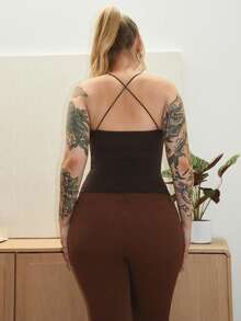 Arliah Brown Beaded Spaghetti Strap Tank Top For Ladies, Summer Tight Sexy Retro Cami Vest, Beach Holiday Sleeveless Top - Coffee Brown - View 2