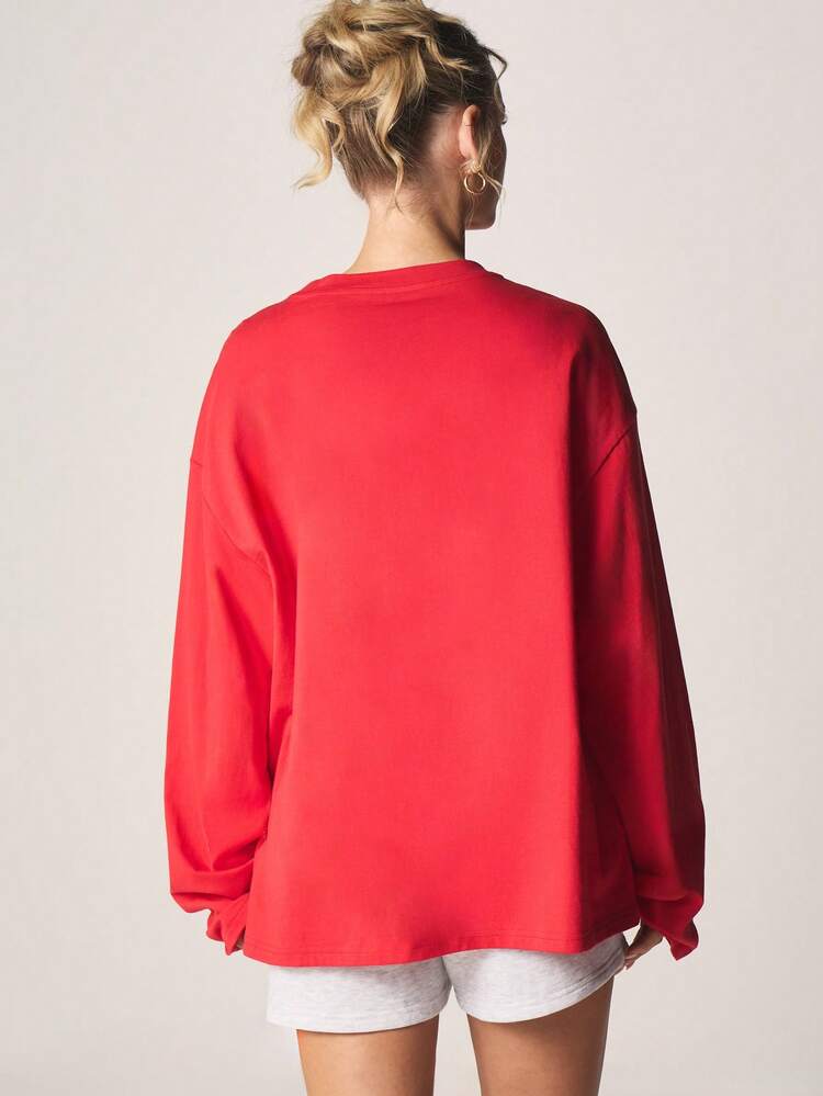 MISSGUIDED Women Long Sleeve Oversized Red Crewneck Top With Large Number Print Casual Fall Winter Streetwear