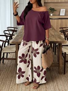 Weeklong Bộ đồ đi nghỉ mát dành cho nữ cỡ lớn, màu trơn, vai lệch và quần ống rộng in hoa, kiểu dáng thường ngày. - Nhiều màu - Xem 3