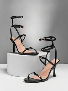 SHUZIA 女士优雅双踝带细高跟凉鞋 - 黑色 - 查看 6