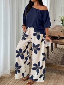 Weeklong Bộ đồ đi nghỉ mát dành cho nữ cỡ lớn, màu trơn, cổ bất đối xứng và quần ống rộng in hoa, kiểu dáng thường ngày. - Nhiều màu - Xem 1