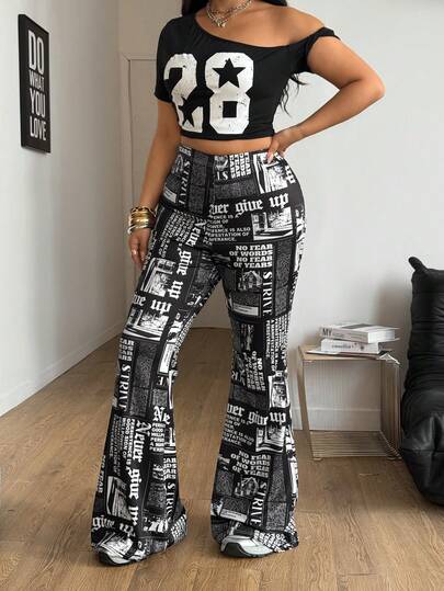 Coolane Women's Plus Size Summer Outfits For Women Flattering Curvy Fit,Streetwear Elastic Waist All-Over Print Flare Leg Casual Pants, Versatile