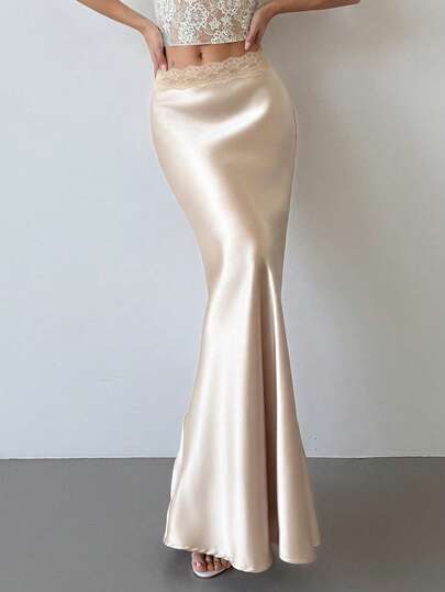 Aloruh Falda de encaje con diseño de parches y cintura baja, color albaricoque, romántica para citas y el Día de San Valentín