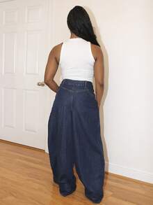 Steph T Women's Letter Print Pocket Wide Leg Loose Casual Jeans - Dark Wash - View 2