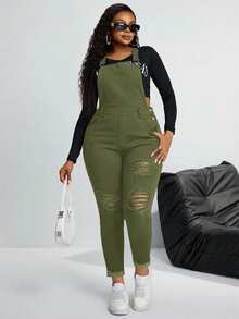 SHEIN SXY 大码做旧纯色休闲百搭修身牛仔连体裤 - 軍綠色 - 查看 6