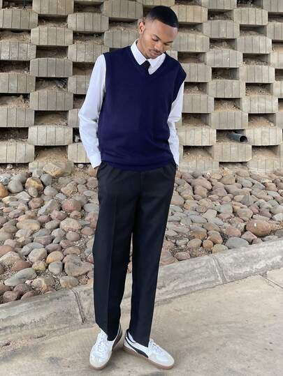 Ngobest Haus Ngobest Haus Chaleco de punto de cuello en V para hombre, de unicolor minimalista, estilo clásico, ajuste ceñido, versátil chaleco de punto, para otoño e invierno, parte superior de manga larga