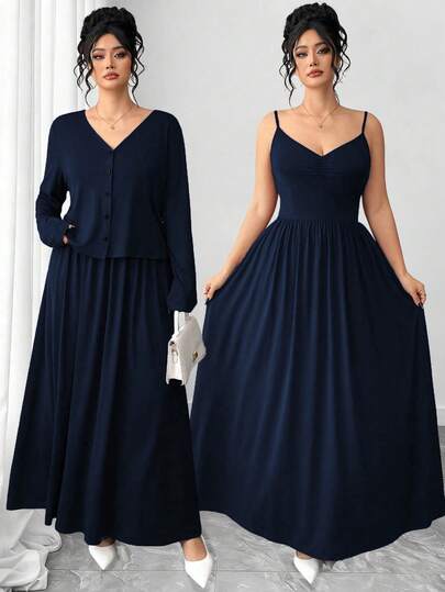 Elenzga Plus Size Women Elegant Long Sleeve Solid Jacket + A-Line Waist Cinching Slip Dress 2 Piece Set, Knit Stretchy 2 Piece Outfit, Suitable For Daily Outings, Commuting, Party, Evening Club Navy Blue Elegant Dress Dark Blue Dresses Plus Long Dress