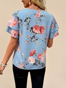SHEIN Clasi Áo nữ tay bồng xếp lớp in hoa, kiểu dáng thường ngày, thích hợp cho kỳ nghỉ hè. - Màu xanh lam - Xem 3