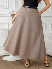 Ellevyn Plus Size Women A-Line Brown Plaid Woolen Skirt, Waist Cinched Slimming Elegant Everyday & Commute Skirt Summer Holiday Spring Break Valentine's Day Carnival Costume Birthday For Women Elegant Vacation Holiday - Brown - View 3