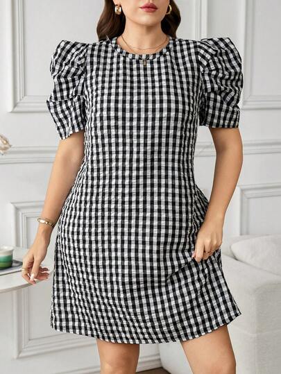 Reflora 大码女式格子印花泡泡袖复活节连衣裙，商务休闲风