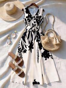 Franclia Women's Fashion Casual Sleeveless Simple Positioning Print Dress, Waist-Cinched Flared Dress, Suitable For Summer Casual Vacation, Spring/Summer Commute, Home, Date, Daily, Summer, Party, Beach, Graduation Season, Business Office Versatile Fashionable Daily Wear, V-Neck Waist Twist Dress, Waist-Cinched Flared Dress - Multicolor - View 5