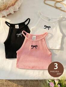 SHEIN LMoss Kids 3件組女嬰可愛蝴蝶結裝飾吊帶背心短版上衣可愛女嬰上衣無袖上衣蝴蝶結女童背心上衣 - 彩色 - 查看 6