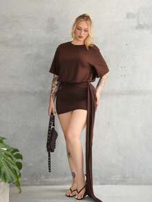 Arliah 宽松版型方肩修身半身裙垂褶环细节T恤裙街头风可爱优雅休闲性感外出秋季太妃糖色圣诞节感恩节派对冬季新年 - 巧克力棕 - 查看 3